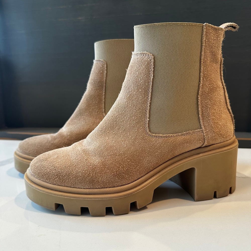 Antonio de Faria Tan Suede Chelsea Boots Lug Sole Block Heel Made Portugal 6.5